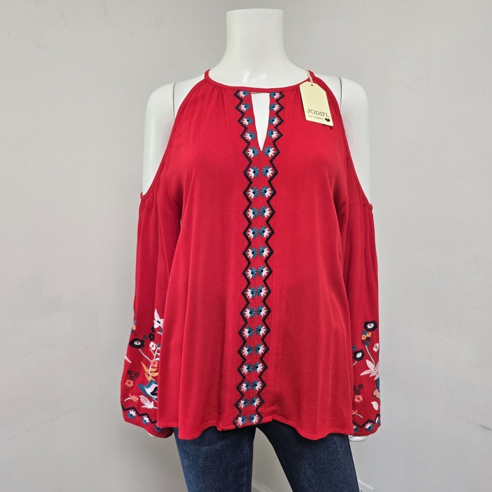 Jodifl Top Blouse Size M Cold Shoulder Red Embroidered Bell Sleeve Western NWT